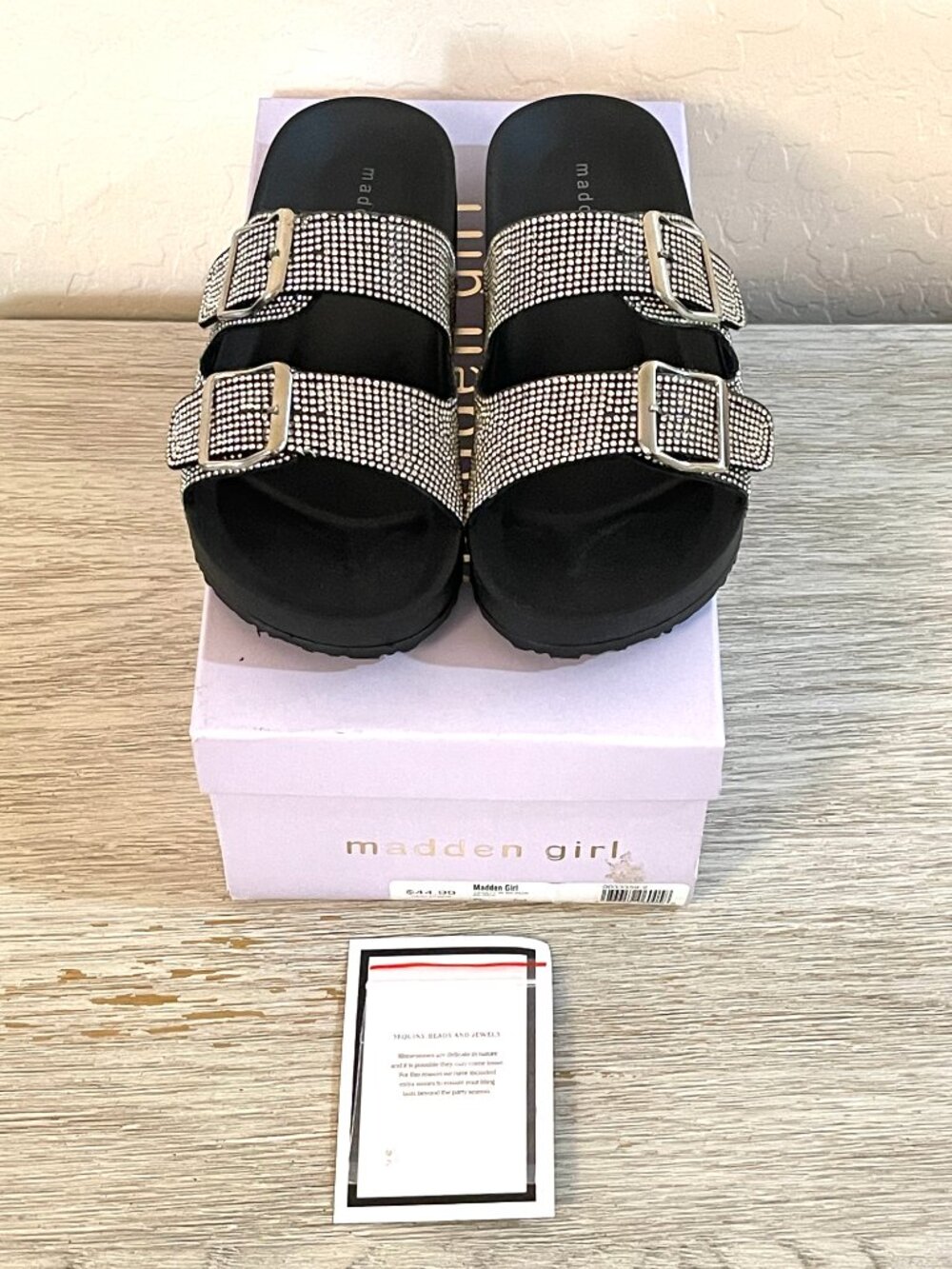 New Madden Girl Sandals Teddy Double Strap Rhinestone Crystals Black Silver 6